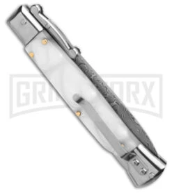 AKC 9" Italian Stiletto Swinguard White Pearlex Automatic Knife - Damascus Plain -Featured Knife Shop AKC Swinguard 9in Automatic Italian Stiletto White Pearlex 4in Damascus Bayonet BHQ 180890 hd side large