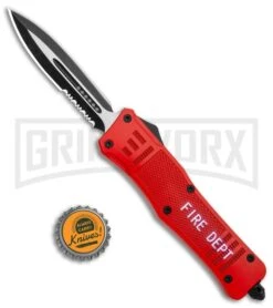 Atomic Defender Large OTF Automatic Knife Fire Dept. Red - Serr Two Tone Dagger -Featured Knife Shop Atomic Defender Dagger Fire Department Red OTF Auto Serr TT GX 35882 jr bottlecap large