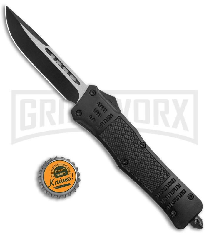Large Atomic Defender OTF Black Automatic Drop Point Knife - Two Tone Plain 7 Large Atomic Defender OTF Black Automatic Drop Point Knife - Two Tone Plain - Image 5