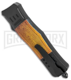 Atomic Defender Medium Black/Sim Wood OTF Auto Knife - Dagger Damascus Plain -Featured Knife Shop Atomic Defender Medium OTF Auto Black Sim Wood Damascus Dagger GX 38986 jr side large