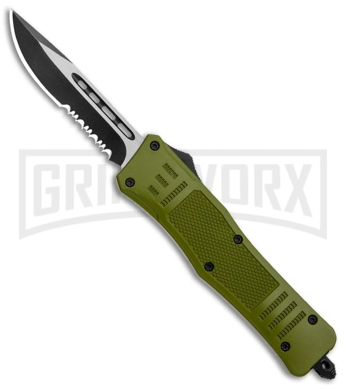 Atomic Defender Medium OTF Automatic Knife OD Green - Serr Two Tone Drop Point 3 Atomic Defender Medium OTF Automatic Knife OD Green - Serr Two Tone Drop Point