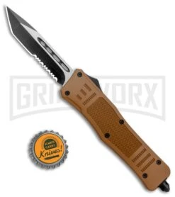 Atomic Defender Medium OTF Automatic Knife Sand Brown - Two Tone Tanto SER -Featured Knife Shop Atomic Defender Medium OTF Auto Sand Brown TT Tanto Serr GX 37393 jr bottlecap large