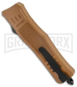 Atomic Defender Medium OTF Automatic Knife Sand Brown - Two Tone Tanto SER -Featured Knife Shop Atomic Defender Medium OTF Auto Sand Brown TT Tanto Serr GX 37393 jr side large