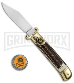 SKM 8" Shot Shell Puller Stag Lever Lock Knife - Clip Point Polish -Featured Knife Shop Beltrame Knives LL Italian Auto Stag Brass BP 27022 jr bottlecap large
