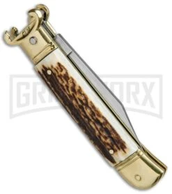 SKM 8" Shot Shell Puller Stag Lever Lock Knife - Clip Point Polish -Featured Knife Shop Beltrame Knives LL Italian Auto Stag Brass BP 27022 jr side large