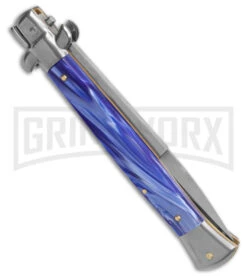 Frank B. 11" Italian Stiletto Blue Automatic Knife - Satin Bayonet Plain -Featured Knife Shop Frank B 11in Italian Stiletto Blue AK Satin Bayonet Plain GX 41550 td side1 large