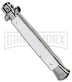 Frank B. 11" Italian Stiletto White Acrylic Automatic Knife - Kris Polish 8 Frank B. 11" Italian Stiletto White Acrylic Automatic Knife - Kris Polish -Featured Knife Shop Frank B 11in Italian Stiletto White Acrylic Auto Kriss Polish GX 33136 jr side large