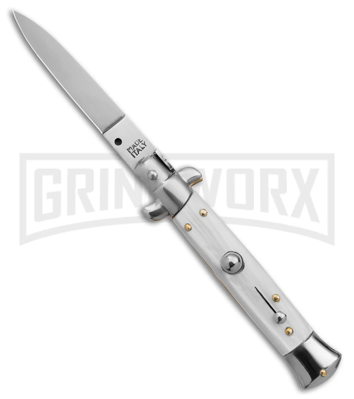 Frank B. 7.75" Italian Stiletto White Pearlex Automatic Knife - Satin Plain 3 Frank B. 7.75" Italian Stiletto White Pearlex Automatic Knife - Satin Plain