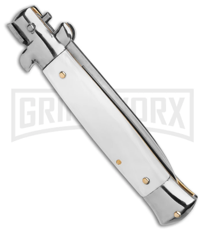 Frank B. 7.75" Italian Stiletto White Pearlex Automatic Knife - Satin Plain 5 Frank B. 7.75" Italian Stiletto White Pearlex Automatic Knife - Satin Plain - Image 3