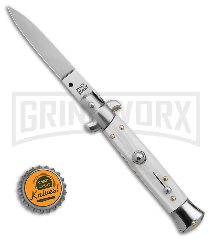 Frank B. 7.75" Italian Stiletto White Pearlex Automatic Knife - Satin Plain 6 Frank B. 7.75" Italian Stiletto White Pearlex Automatic Knife - Satin Plain - Image 4