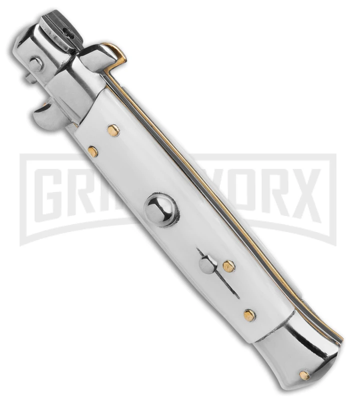 Frank B. 7.75" Italian Stiletto White Pearlex Automatic Knife - Satin Plain 4 Frank B. 7.75" Italian Stiletto White Pearlex Automatic Knife - Satin Plain - Image 2