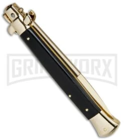 Frank B 11" Italian Stiletto Ebony Automatic Knife Gold - Gold Bayo -Featured Knife Shop Frankk B 11in Italian Stiletto Auto Ebony Wood Gold Bayo BHQ 82051 jr side large