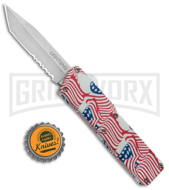 Lightning American Flag D/A OTF Automatic Knife - Tanto Satin Serr 6 Lightning American Flag D/A OTF Automatic Knife - Tanto Satin Serr - Image 4