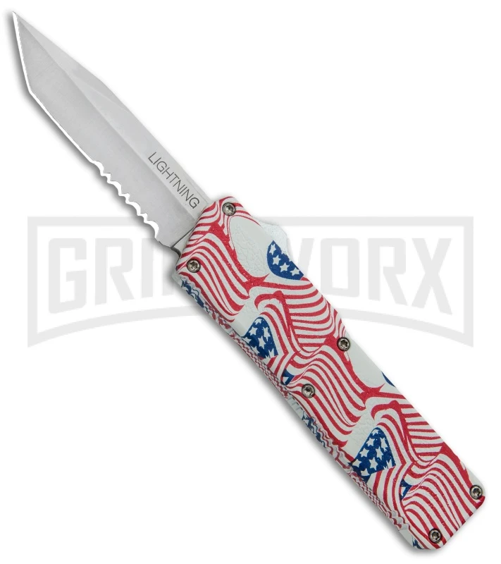 Lightning American Flag D/A OTF Automatic Knife - Tanto Satin Serr 3 Lightning American Flag D/A OTF Automatic Knife - Tanto Satin Serr
