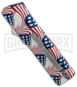 Lightning American Flag D/A OTF Automatic Knife - Tanto Satin Serr 8 Lightning American Flag D/A OTF Automatic Knife - Tanto Satin Serr -Featured Knife Shop Lightning American Flag DA OTF Auto Tanto Satin Serr GX 33327 jr side large