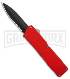 Lightning D/A Red Aluminum OTF Automatic Knife - Dagger Black Serrated
