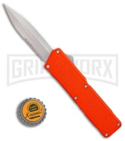 Lightning Orange D/A OTF Automatic Knife - Dagger Satin Serr -Featured Knife Shop Lightning Orange DA Dagger Satin Serr BP 22818 er bottlecap large