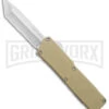 Lightning Tan D/A OTF Automatic Knife - Tanto Satin Serrated 2 Lightning Tan D/A OTF Automatic Knife - Tanto Satin Serrated -Featured Knife Shop Lightning Tan DA OTF Auto Serr Tanto Satin GX 39003 jr large