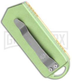 M3 Tactical Tech Rogue Brass/Green D/A OTF Automatic Knife - Satin Plain -Featured Knife Shop M3 Tactical Tech Rogue Brass Green DA OTF Auto Satin GX 35096 jr side large