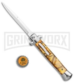 Mago 11" Yellow Acrylic Italian Stiletto OTF Automatic Knife - Satin Bayonet 11 Mago 11" Yellow Acrylic Italian Stiletto OTF Automatic Knife - Satin Bayonet -Featured Knife Shop Mago 11in Yellow Acrylic Italian Stiletto OTF Auto Bayo Satin GX 37556 jr bottlecap large