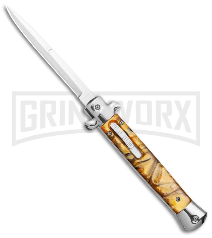 Mago 11" Yellow Acrylic Italian Stiletto OTF Automatic Knife - Satin Bayonet 3 Mago 11" Yellow Acrylic Italian Stiletto OTF Automatic Knife - Satin Bayonet