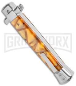 Mago 11" Yellow Acrylic Italian Stiletto OTF Automatic Knife - Satin Bayonet 9 Mago 11" Yellow Acrylic Italian Stiletto OTF Automatic Knife - Satin Bayonet -Featured Knife Shop Mago 11in Yellow Acrylic Italian Stiletto OTF Auto Bayo Satin GX 37556 jr side large