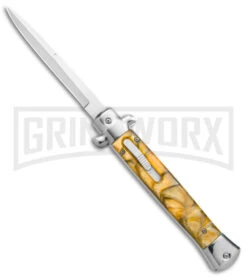 Mago 11" Yellow Acrylic Stiletto OTF Automatic Knife - Satin Bayo W/o Clip