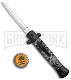 Mago 9" Black Cottonmouth Italian Stiletto OTF Automatic Knife - Satin Dagger -Featured Knife Shop Mago 9in Cottonmouth Italian Dagger OTF Auto Black Satin jr bottlecap large