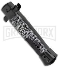 Mago 9" Black Cottonmouth Italian Stiletto OTF Automatic Knife - Satin Dagger -Featured Knife Shop Mago 9in Cottonmouth Italian Dagger OTF Auto Black Satin jr side large