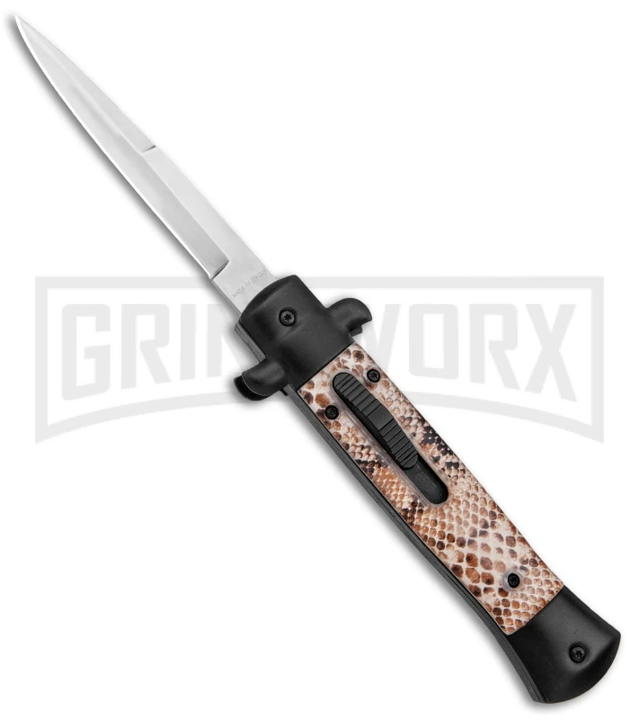 Mago 9" Diamondback Black Italian Stiletto OTF Automatic Knife - Satin Bayo 3 Mago 9" Diamondback Black Italian Stiletto OTF Automatic Knife - Satin Bayo