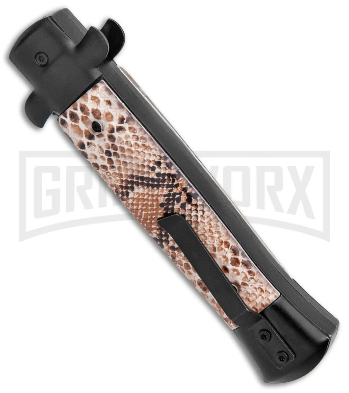 Mago 9" Diamondback Black Italian Stiletto OTF Automatic Knife - Satin Bayo 5 Mago 9" Diamondback Black Italian Stiletto OTF Automatic Knife - Satin Bayo - Image 3