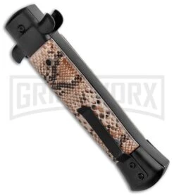 Mago 9" Diamondback Black Italian Stiletto OTF Automatic Knife - Satin Plain 9 Mago 9" Diamondback Black Italian Stiletto OTF Automatic Knife - Satin Plain -Featured Knife Shop Mago 9in Diamondback Italian Stiletto OTF Auto Black Satin GX 37042 jr side large