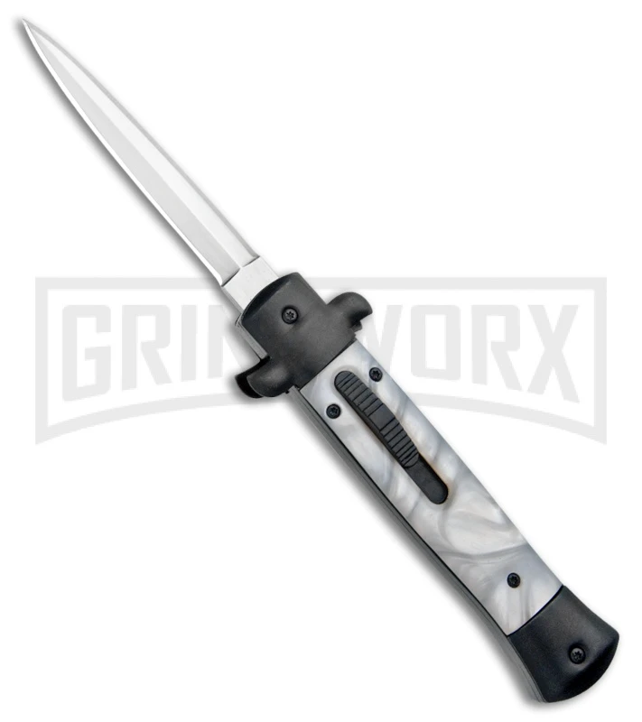 Mago 9" White Marble Italian Stiletto OTF Auto Knife Black Bolsters (Satin Dag) 3 Mago 9" White Marble Italian Stiletto OTF Auto Knife Black Bolsters (Satin Dag)