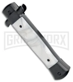 Mago 9" White Marble Italian Stiletto OTF Auto Knife Black Bolsters (Satin Dag) 9 Mago 9" White Marble Italian Stiletto OTF Auto Knife Black Bolsters (Satin Dag) -Featured Knife Shop Mago 9in White Marble Italian Stiletto OTF Black Bolsters Dagger Satin GX 33951 jr side large