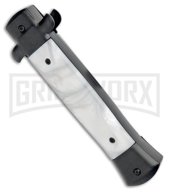 Mago 9" White Marble Italian Stiletto OTF Auto Knife Black Bolsters (Satin Dag) 5 Mago 9" White Marble Italian Stiletto OTF Auto Knife Black Bolsters (Satin Dag) - Image 3