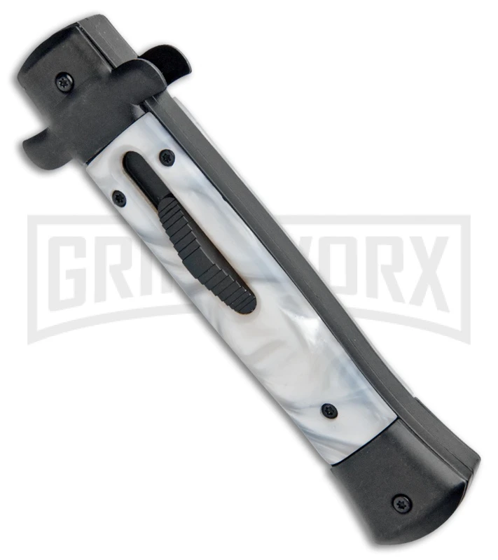 Mago 9" White Marble Italian Stiletto OTF Auto Knife Black Bolsters (Satin Dag) 4 Mago 9" White Marble Italian Stiletto OTF Auto Knife Black Bolsters (Satin Dag) - Image 2