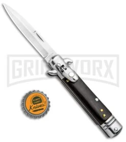 Milano 7.5" Lever Lock Automatic Knife Black Wood - Bayonet Satin 11 Milano 7.5" Lever Lock Automatic Knife Black Wood - Bayonet Satin -Featured Knife Shop Milano 7.5in LL Auto Black Wood Bayo Satin GSE020WBK GX 33517 jr bottlecap large