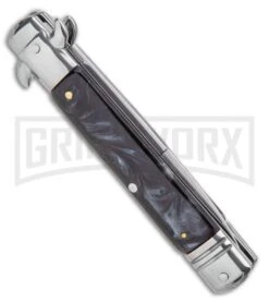 Milano 8.5" Lever Lock Automatic Knife Black Marble - Bayonet Satin -Featured Knife Shop Milano 8.5 Lever Lock Automatic Knife Black Marble Bayonet Satin GX 33706 ns side large