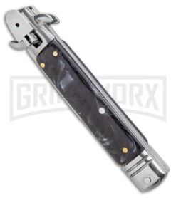 Milano 8.5" Lever Lock Automatic Knife Black Marble - Bayonet Satin -Featured Knife Shop Milano 8.5 Lever Lock Automatic Knife Black Marble Bayonet Satin GX 33706 ns spine large