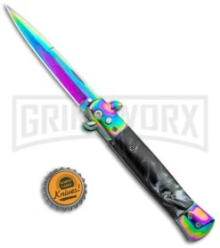 Milano 9" Black Marble Rainbow Italian Style Automatic Knife - Bayonet Spectrum -Featured Knife Shop Milano 9in Black Marble Rainbow Italian Style Auto Bayo Spectrum GX 35779 jr bottlecap large