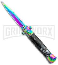 Milano 9" Black Marble Rainbow Italian Style Automatic Knife - Bayonet Spectrum