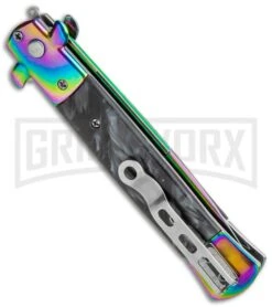 Milano 9" Black Marble Rainbow Italian Style Automatic Knife - Bayonet Spectrum -Featured Knife Shop Milano 9in Black Marble Rainbow Italian Style Auto Bayo Spectrum GX 35779 jr side large