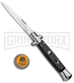 Milano 9" Italian Stiletto Black Wood Automatic Knife - Bayonet Satin -Featured Knife Shop Milano 9in Italian Stiletto Black Wood Auto Bayonet Satin GF8155BK2 GX 5069 jr bottlecap large