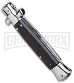 Milano 9" Italian Stiletto Black Wood Automatic Knife - Bayonet Satin -Featured Knife Shop Milano 9in Italian Stiletto Black Wood Auto Bayonet Satin GF8155BK2 GX 5069 jr side large