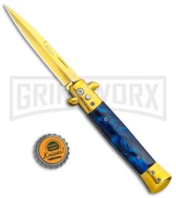 Milano 9" Italian Stiletto Blue Marble Automatic Knife - Bayonet Gold -Featured Knife Shop Milano 9in Italian Stiletto Blue Marble Auto Bayo Gold GX 35776 jr bottlecap large