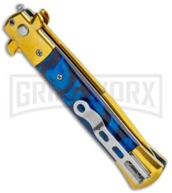 Milano 9" Italian Stiletto Blue Marble Automatic Knife - Bayonet Gold -Featured Knife Shop Milano 9in Italian Stiletto Blue Marble Auto Bayo Gold GX 35776 jr side large