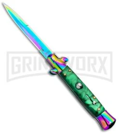 Milano 9" Italian Stiletto Green Swirl Automatic Knife - Bayonet Spectrum