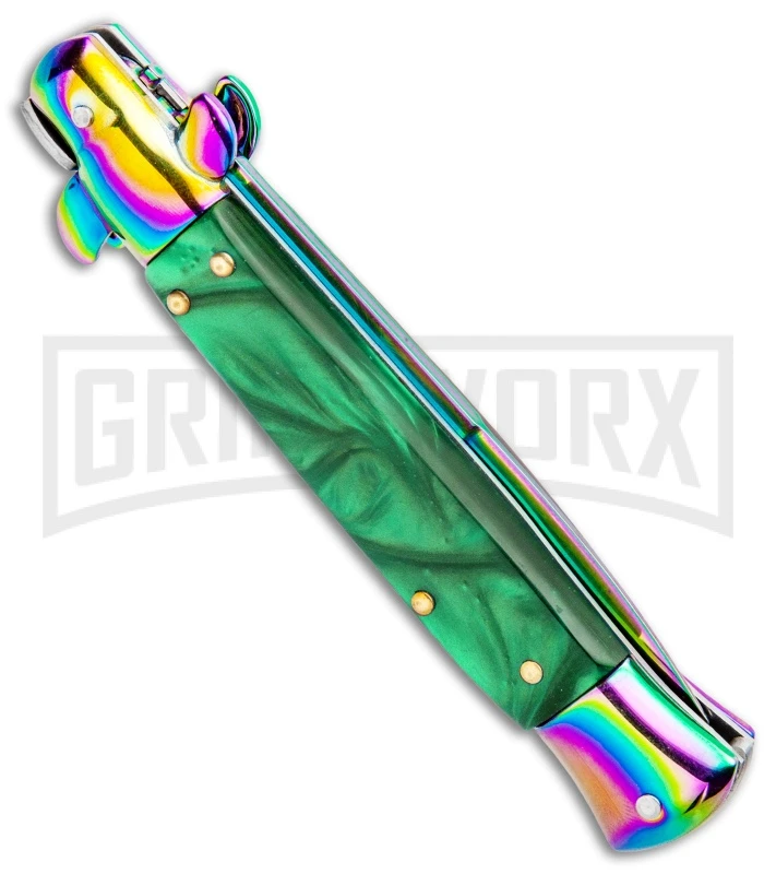 Milano 9" Italian Stiletto Green Swirl Automatic Knife - Bayonet Spectrum 5 Milano 9" Italian Stiletto Green Swirl Automatic Knife - Bayonet Spectrum - Image 3