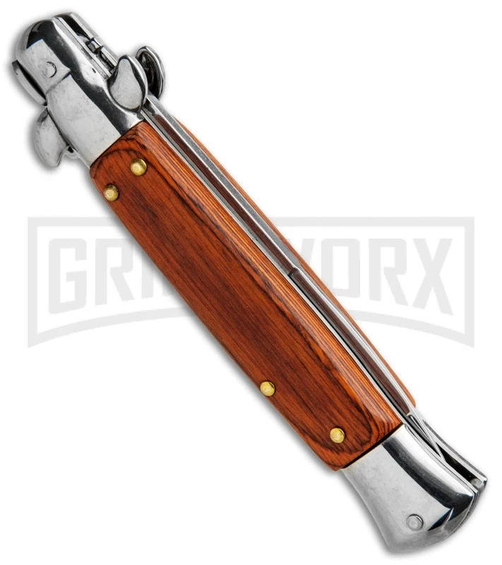 Milano 9" Rosewood Italian Style Automatic Knife - Bayonet Satin 5 Milano 9" Rosewood Italian Style Automatic Knife - Bayonet Satin - Image 3