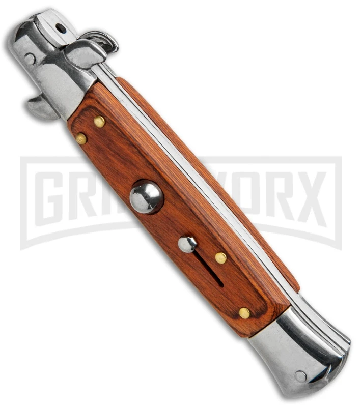 Milano 9" Rosewood Italian Style Automatic Knife - Bayonet Satin 4 Milano 9" Rosewood Italian Style Automatic Knife - Bayonet Satin - Image 2
